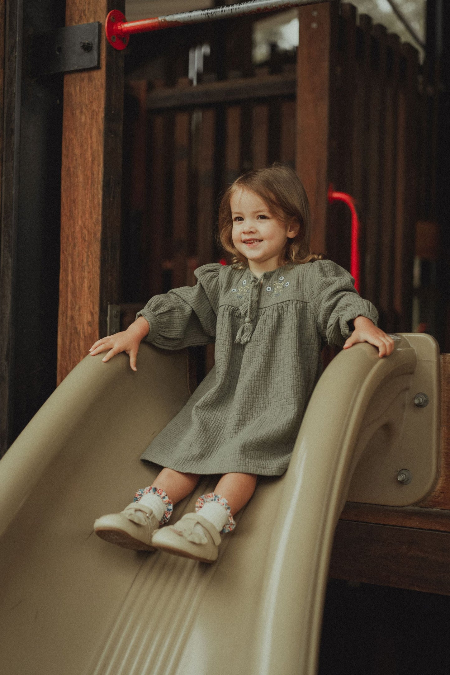 Long Sleeve Embroidered Dress - Olive Green