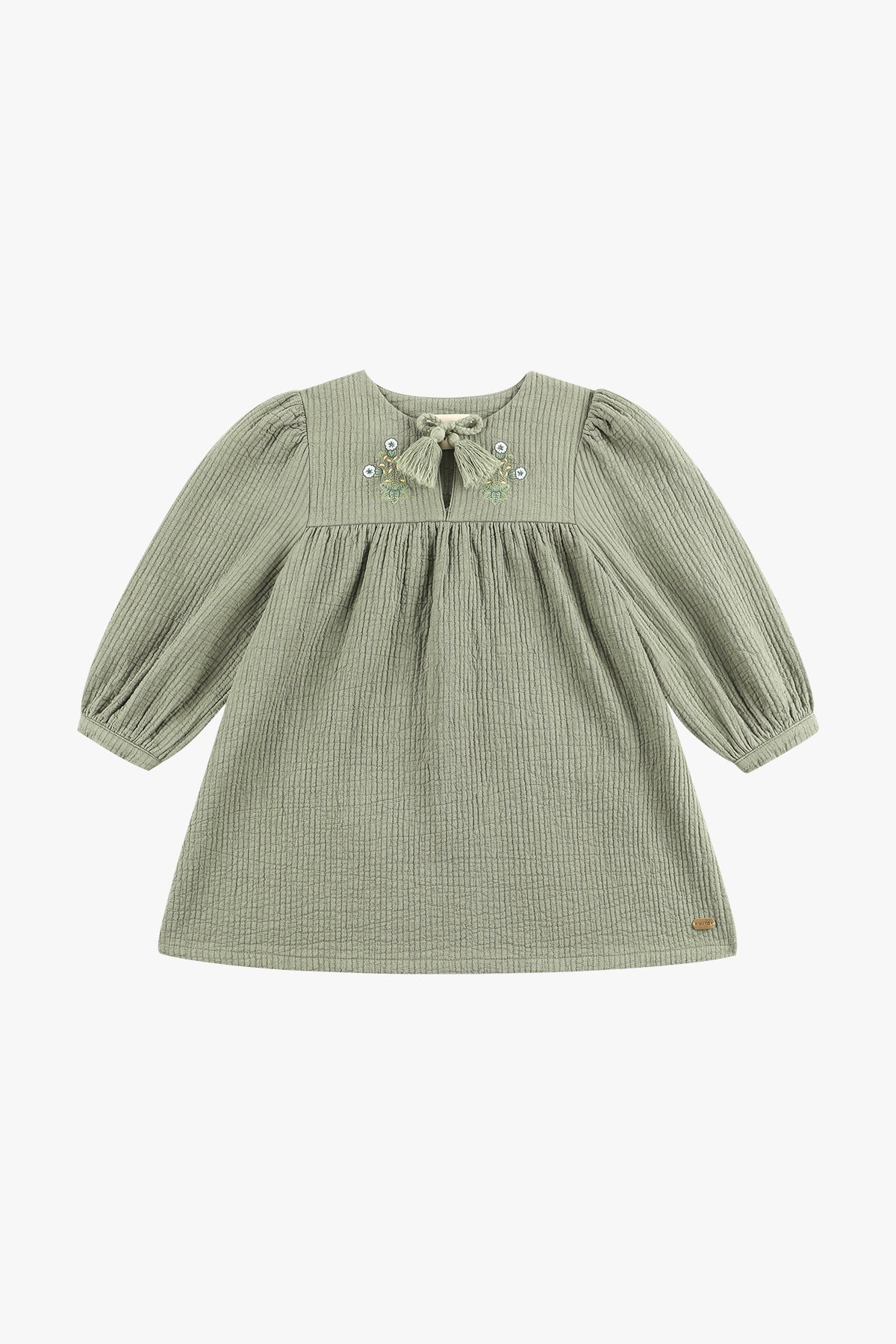 Long Sleeve Embroidered Dress - Olive Green