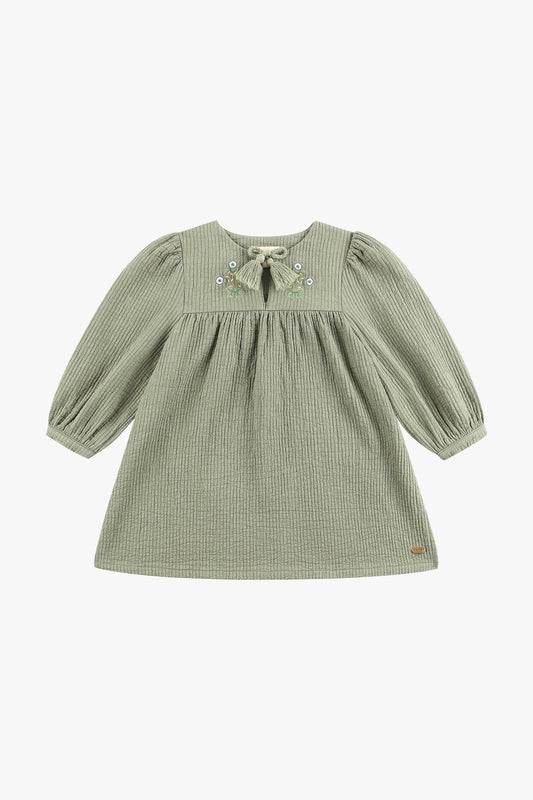Long Sleeve Embroidered Dress - Olive Green