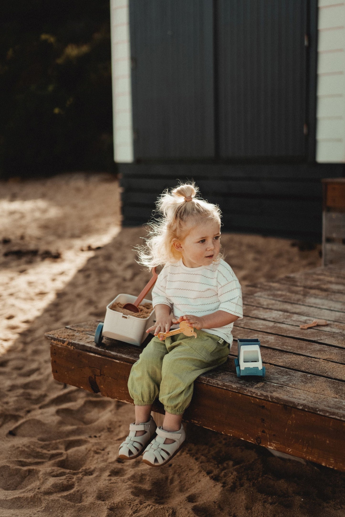 Striped Shoulder-Drop Short Sleeves - Moss Stripes