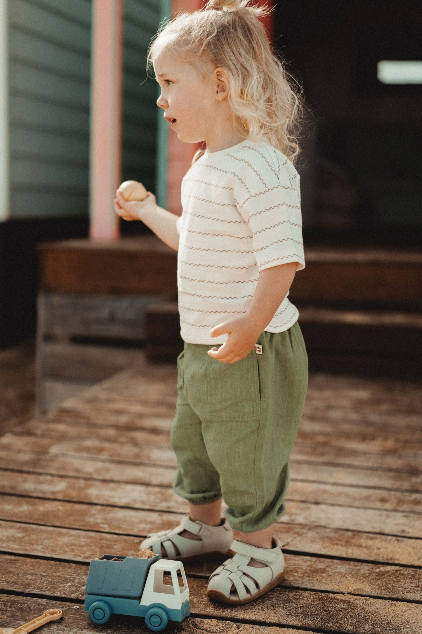 Striped Shoulder-Drop Short Sleeves - Moss Stripes