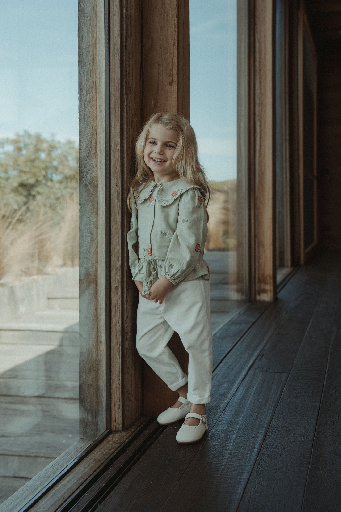 Long Sleeve Embroidered Blouse - Pale Green